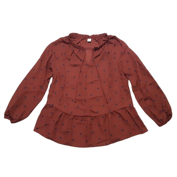 Old Navy Top Womens Small Red Polka Dot Long Sleeve Boho Ruffle Burgundy Blouse - Picture 1 of 14
